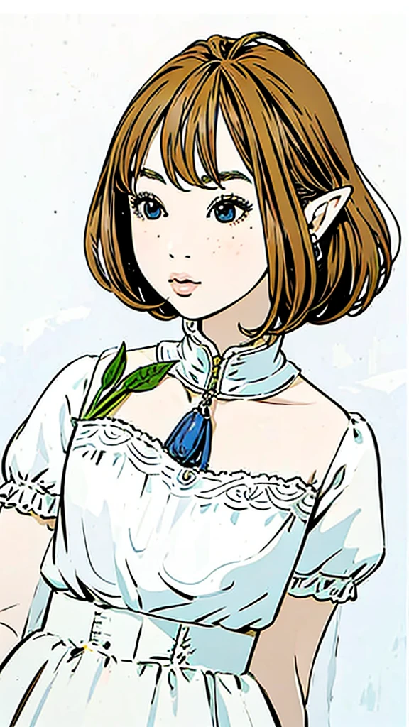 Elf、Flower Hair Ornaments、White Dress、Upper Body、Simple Background、Subjective、freckles。