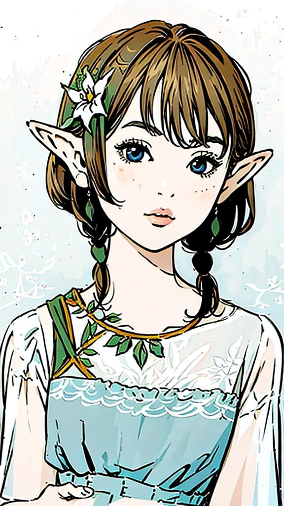 Elf、Flower Hair Ornaments、White Dress、Upper Body、Simple Background、Subjective、freckles。