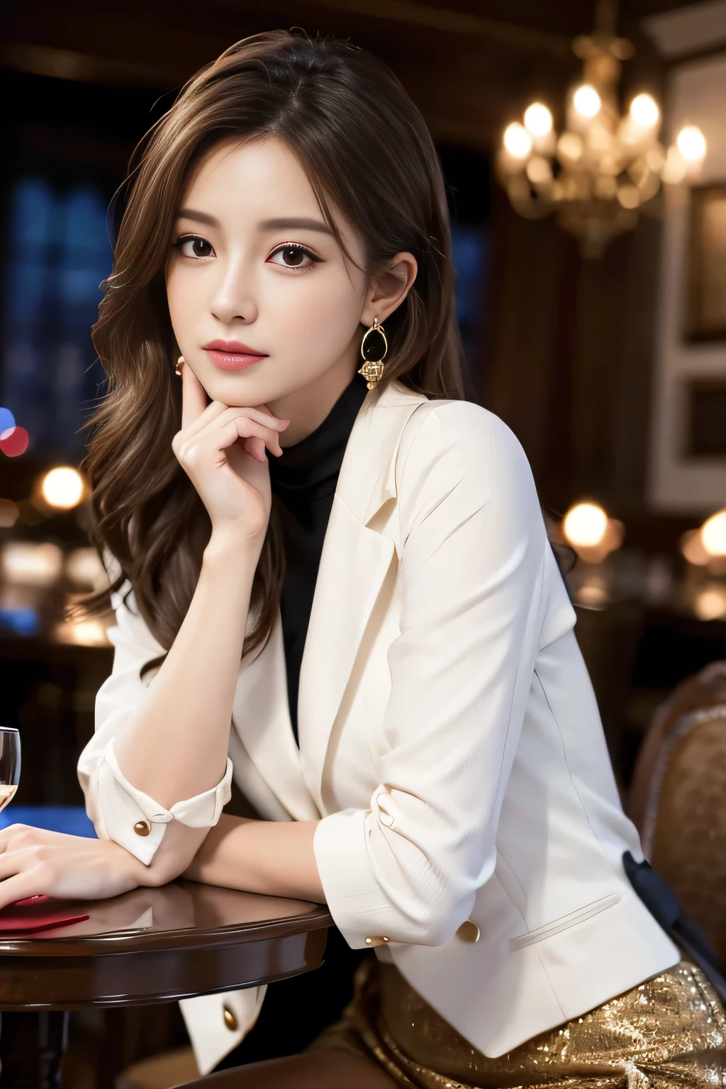 masterpiece, Highest quality, Realistic, Very detailed, Finer details, High resolution, 8k wallpaper, One beautiful woman, Wear a nice suit, In a great restaurant, At night, Light brown messy hair, Perfect dynamic composition, Beautiful and beautiful eyes、Big earrings、Sit on a chair、