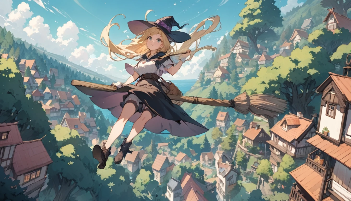 Woman flying in the air astride a broom,witch,Blonde,Below you can see houses, forests, and the sea.