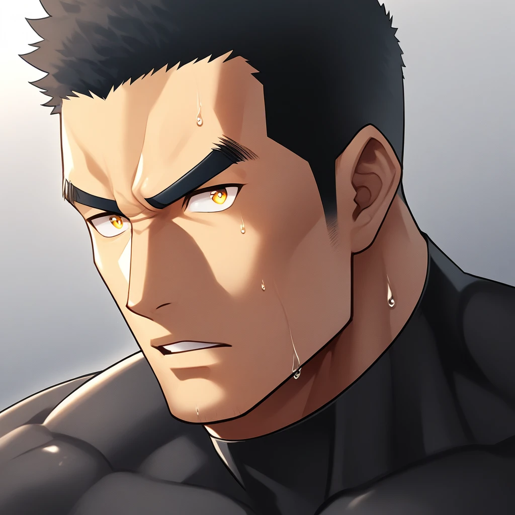 anime characters:Gyee, Deep black skin, Muscle Sports Student, 1 muscular tough guy, Manliness, male focus, Close-up of the side, Light yellow 高领的high collar long sleeve tight T-shirt, Very tight, The clothes were soaked with sweat, The pectoral muscles are oversized, Slightly transparent, muscular male, muscular, only, Upper body, alone, Black short hair, Thick eyebrows, stubble, Yellow eyes, Grey background, simple background, amazing quality, best aesthetics, Ridiculous, bright pupils, crew cut, parted lips, v-shaped eyebrows, jitome, disdain, drop shadow, best quality
