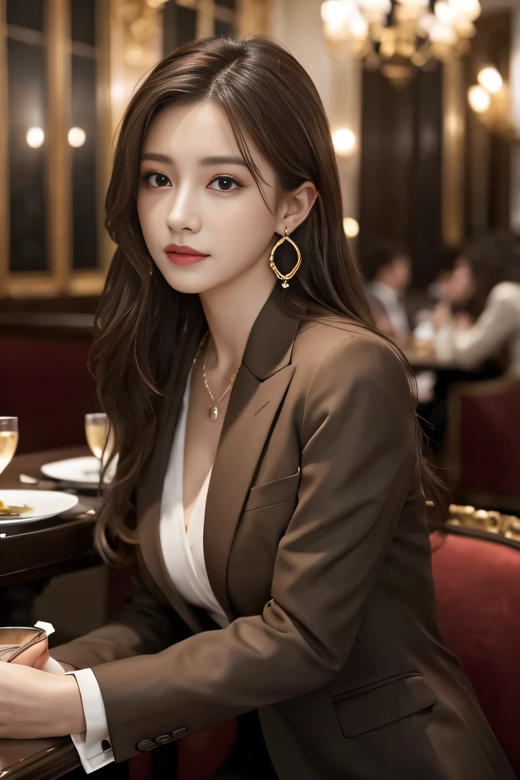 masterpiece, Highest quality, Realistic, Very detailed, Finer details, High resolution, 8k wallpaper, One beautiful woman, Wear a nice suit, In a great restaurant, At night, Light brown messy hair, Perfect dynamic composition, Beautiful and beautiful eyes、Big earrings、Sit on a chair、