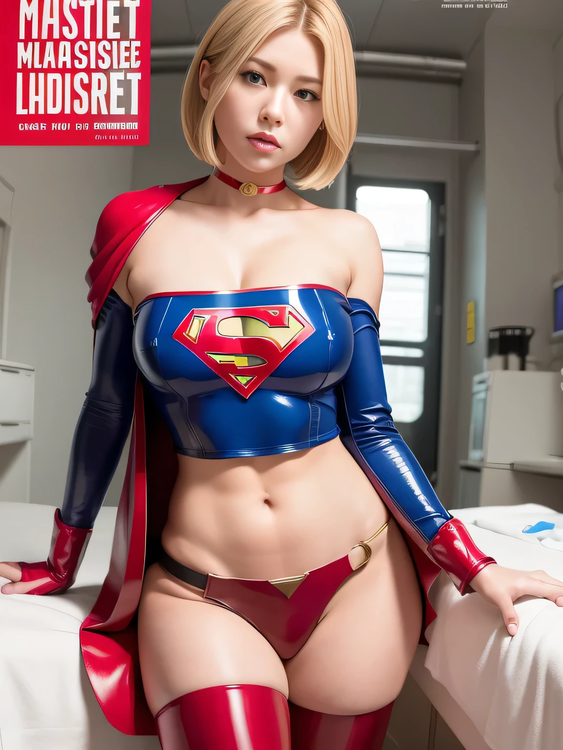 masterpiece、Supergirl Costume、short hair、operating table、Patent leather boots、Big and ample breasts、choker、Long sleeve、Red mini skirt、Looking at the camera、Research Room、Messy lab equipment、Inspection equipment、Medical equipment、Medical practice、Physical examination、latex、Alluring、Seductive pose、Off the shoulder、Belly button、Adult magazine cover、
