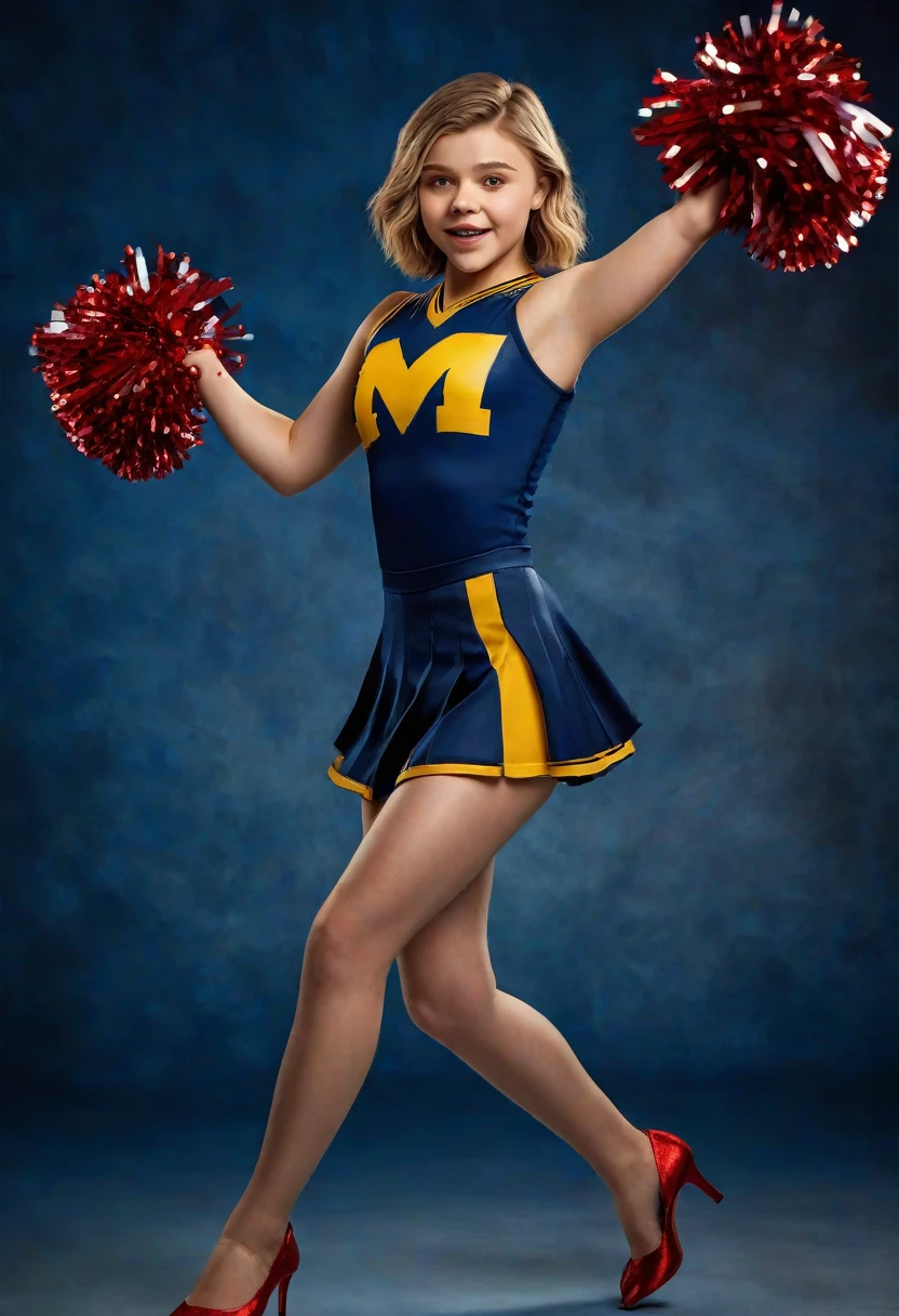 1girl, Chloe Moretz, University of Michigan cheerleader uniform, short brunette hair, sheer shimmering silky shiny tan pantyhose, 5 inch scarlet high heels, holding pompoms, cheering, studio photo shoot, photorealistic, best quality, 8k, highres, masterpiece:1.2, ultra-detailed, realistic, photorealistic, photo-realistic:1.37, HDR, UHD, studio lighting, extreme detail description, professional, vivid colors, dramatic lighting, dynamic pose