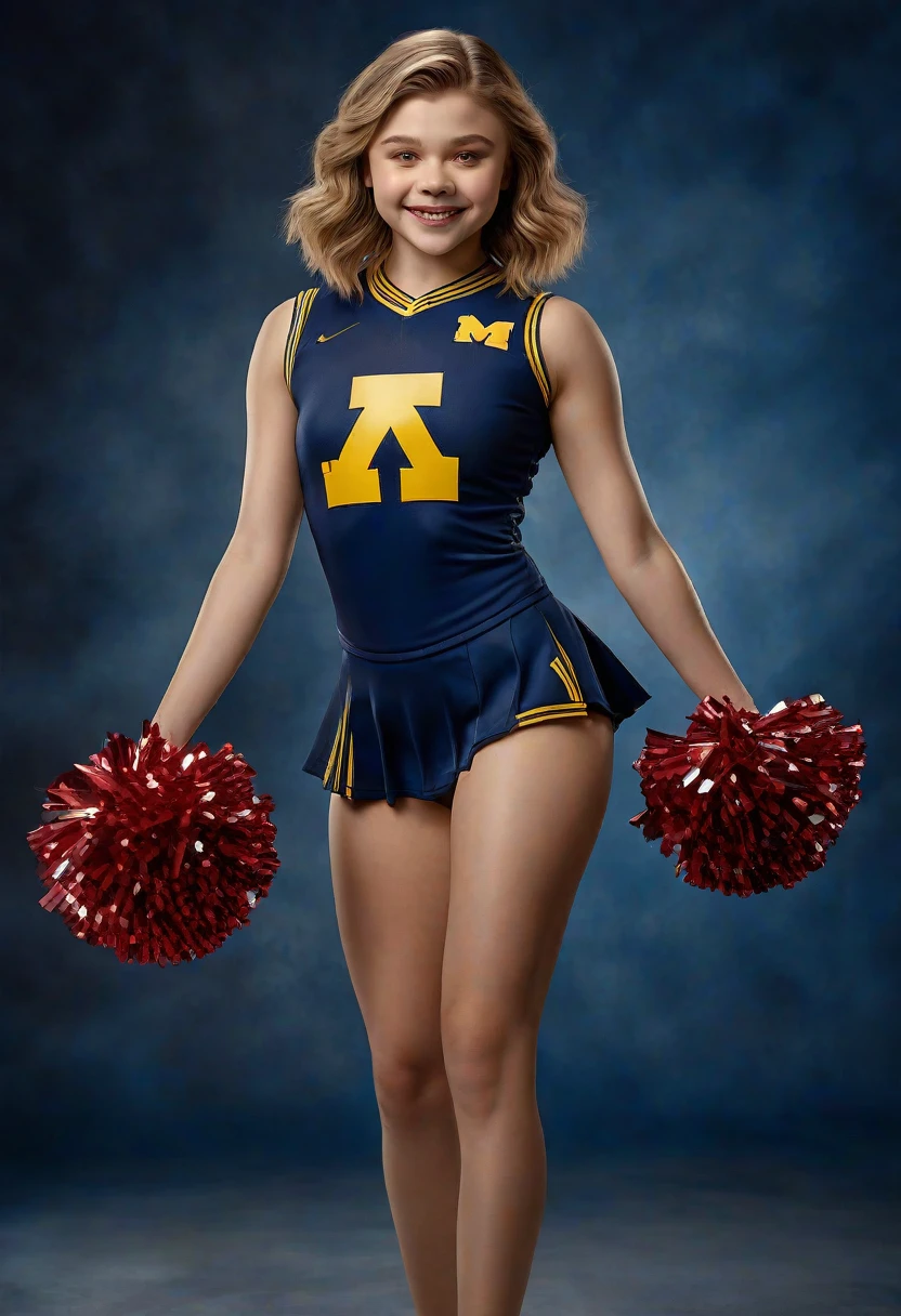 1girl, Chloe Moretz, University of Michigan cheerleader uniform, short brunette hair, sheer shimmering silky shiny tan pantyhose, 5 inch scarlet high heels, holding pompoms, cheering, studio photo shoot, photorealistic, best quality, 8k, highres, masterpiece:1.2, ultra-detailed, realistic, photorealistic, photo-realistic:1.37, HDR, UHD, studio lighting, extreme detail description, professional, vivid colors, dramatic lighting, dynamic pose