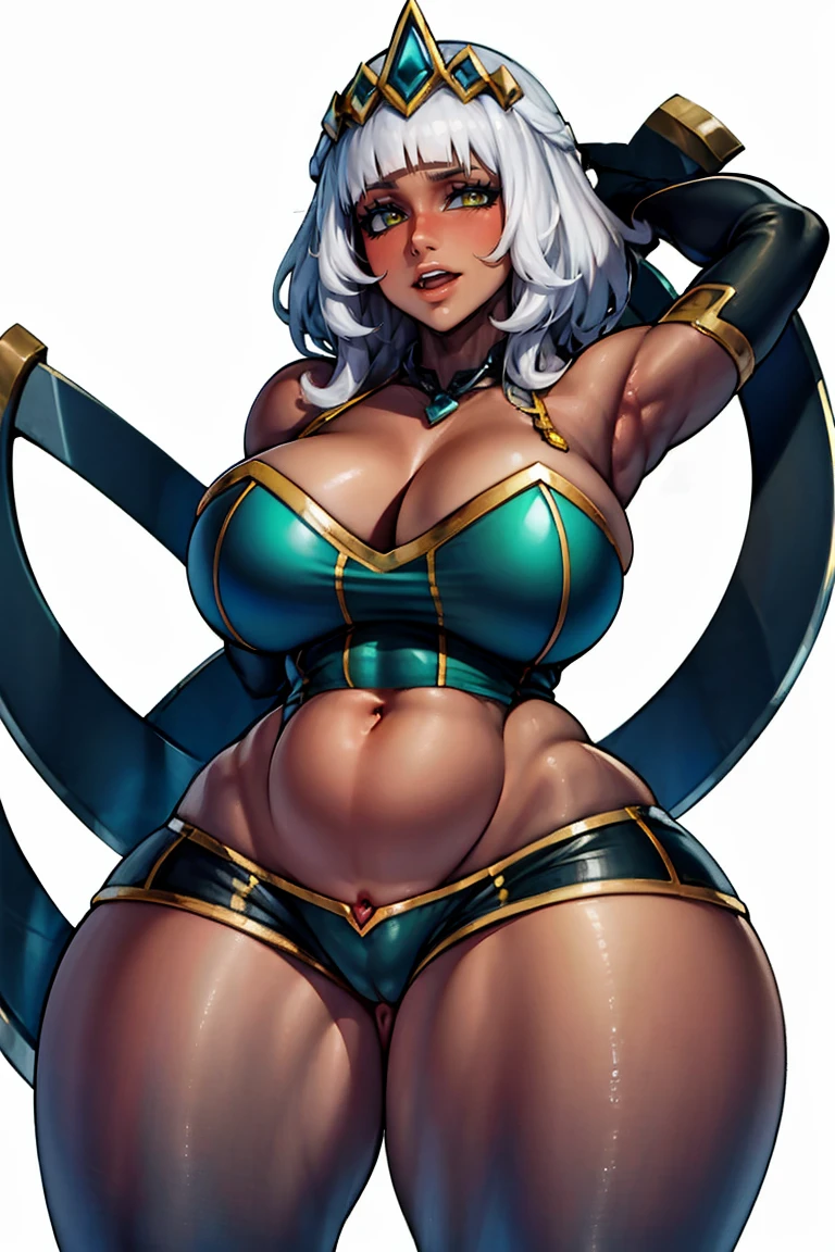 (detailded, sharp focus, work of art, High definition, anatomically correcte, best qualityer:1.2), shexyo, detailded face, detailded eyes, 4K, absurderes, (White background:1.3), (short hair, white hair), thick thighs, fatter thighs, Broad Hips, (1 girl, standing alone, standing, portraite), (thick, voluptuous, plumpness, milf,fatter, fatter, large breasts, Large belly:1.6), sensuous, Panas, (thick lips, large lips, bimbolips, blush, parted lips, sensuous smile, shy:1.5), (shorts, high collar, top cut, thicc thighs, sleeveless, elbow gloves:1.6), nsfw, rating_x, spread legs, spread pussy, open mouth, tongue out