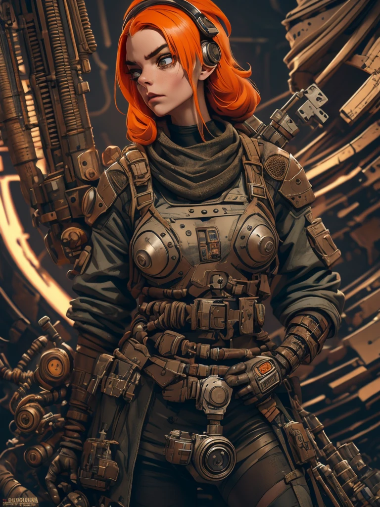 A highly detailed and realistic skull girl,( Anya. Taylor Joy) cyberpunk character, mad max furiosa, one hand robot, cyborg arm, orange hair, dramatic metal heavy rock theme, best quality, 8k, hyperrealistic, photorealistic, extreme detailed painting, studio lighting, vivid colors, dark moody atmosphere, cinematic, dramatic pose, intricate mechanical details, glowing energy effects, intense gritty textures, seamless integration of organic and inorganic elements. Wearing the used clothes of a wastelander. Background: An apocalyptic wasteland. Dusty and depressing.