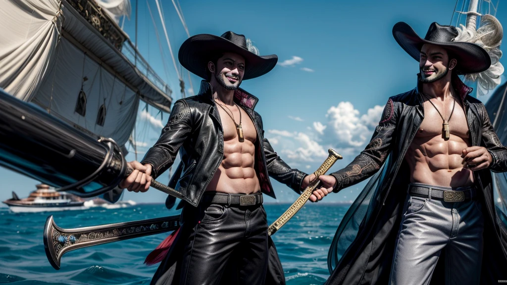 masterpiece, best quality, extremely detailed, hyperrealistic, photorealistic, a cool 40s man, ultra detailed face:1.3, black hat with feathers, on detailed yacht, sea, laughing, standing, holding long black sword, dynamic pose