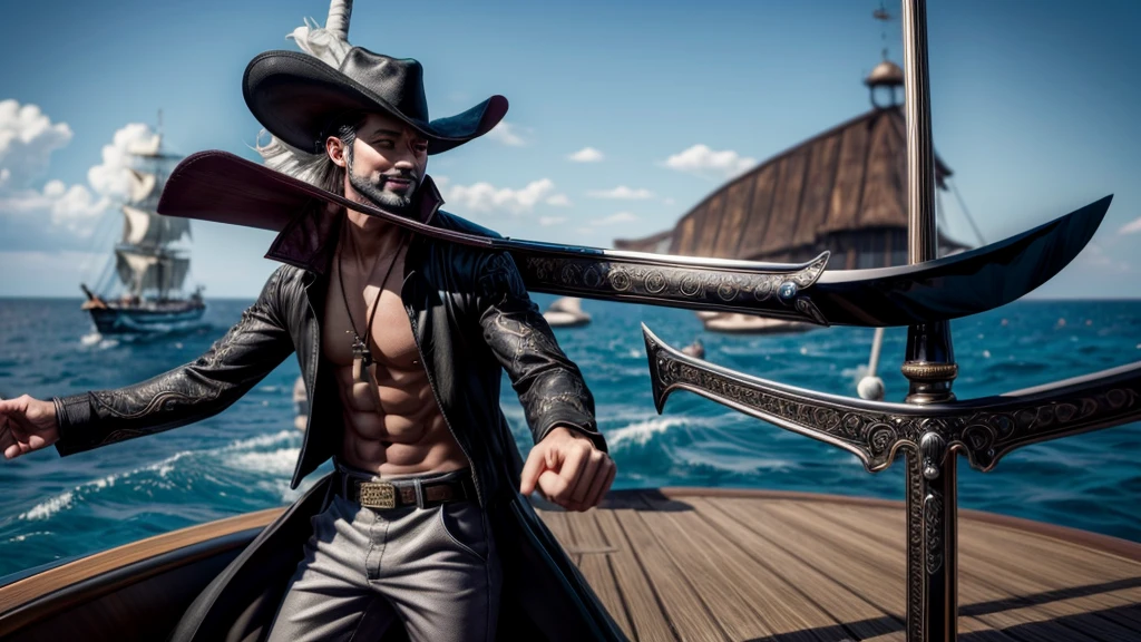 masterpiece, best quality, extremely detailed, hyperrealistic, photorealistic, a cool 40s man, ultra detailed face:1.3, black hat with feathers, on detailed yacht, sea, laughing, standing, holding long black sword, dynamic pose