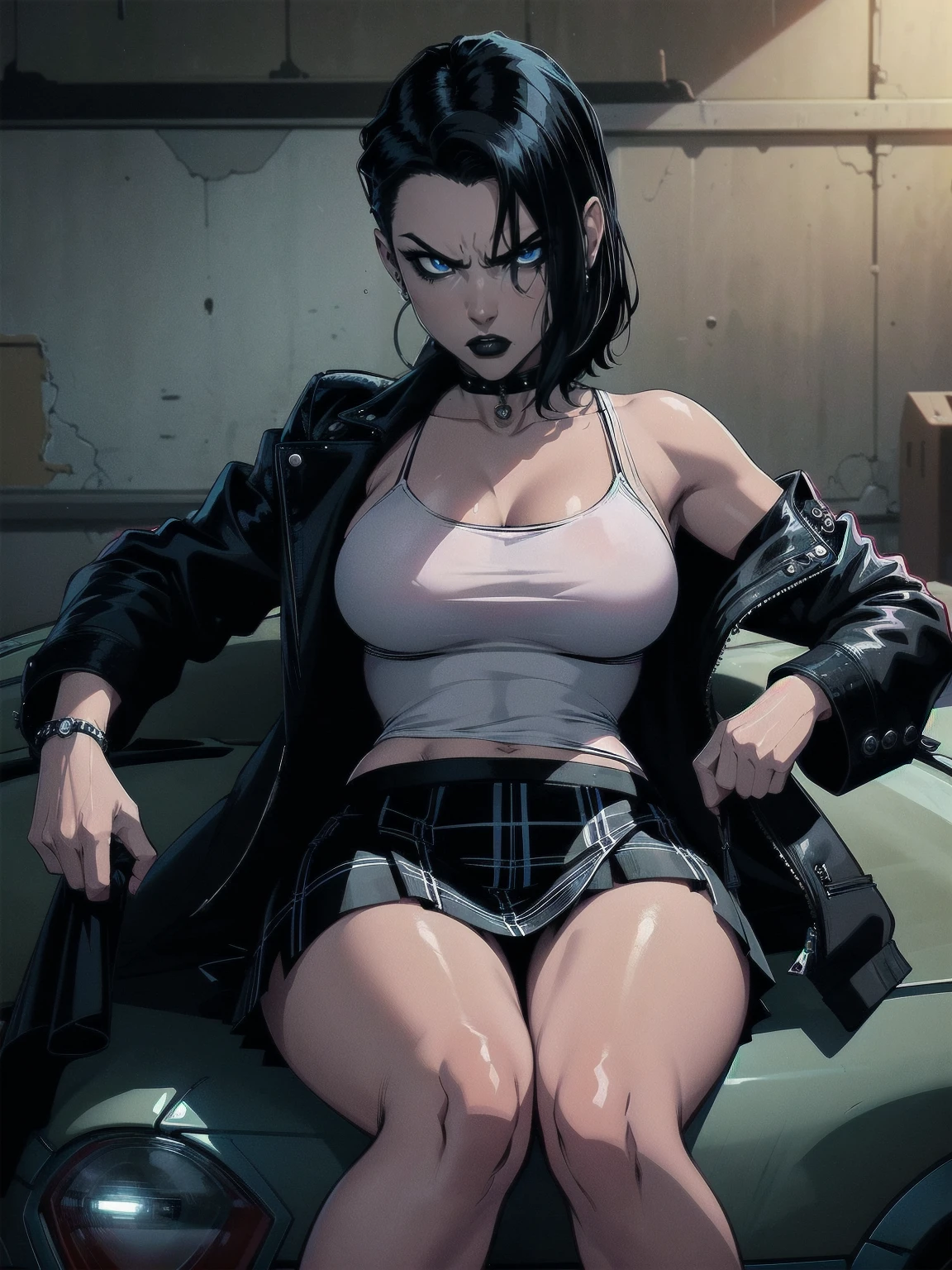 a woman with medium black hair, hair on shoulders,  wearing plaid skirt, black jacket,  blue eyes, gothic art, cute aesthetic with vibe, toon aesthetic, wearing gothic accessories, look like Cassie Hack, upper body, angry,  sitting on the car, garage background, dinamic poses