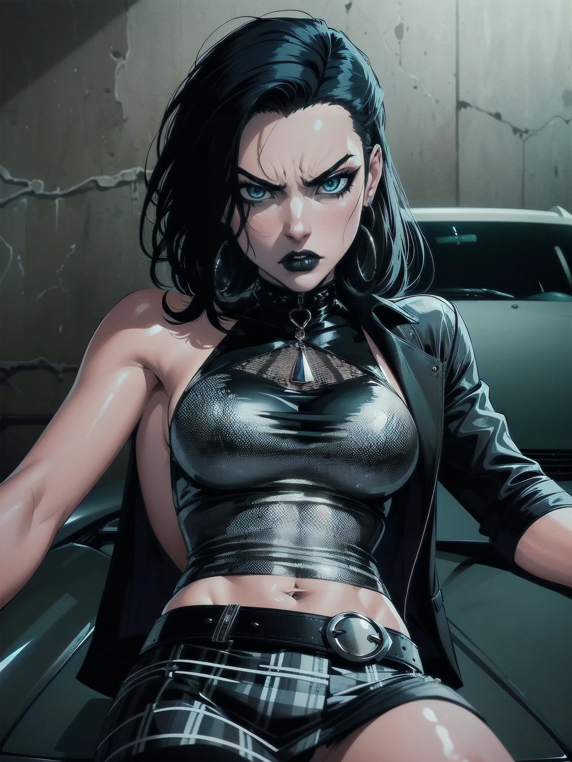 a woman with medium black hair, hair on shoulders, wearing plaid skirt, black jacket, blue eyes, gothic art, cute aesthetic with vibe, toon aesthetic, wearing gothic accessories, look like Cassie Hack, upper body, angry, sitting on the car, garage background, dinamic poses