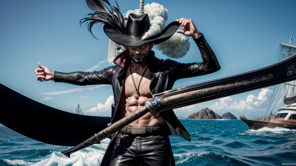 masterpiece, best quality, extremely detailed, hyperrealistic, photorealistic, a cool 40s man, ultra detailed face:1.3, black hat with feathers, on detailed yacht, sea, laughing, standing, holding long black sword, dynamic pose
