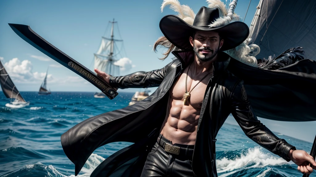 masterpiece, best quality, extremely detailed, hyperrealistic, photorealistic, a cool 40s man, ultra detailed face:1.3, black hat with feathers, on detailed yacht, sea, laughing, standing, holding long black sword, dynamic pose
