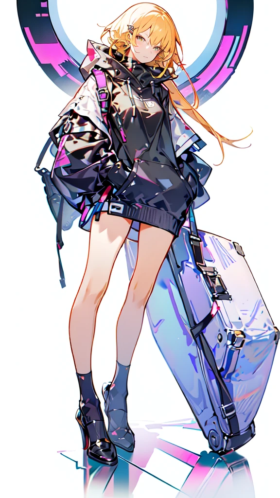 a girl with long yellow hair, blue eyes, wearing an orange hoodie and black heels, in a cyberpunk setting with her hand in her pocket, pink background