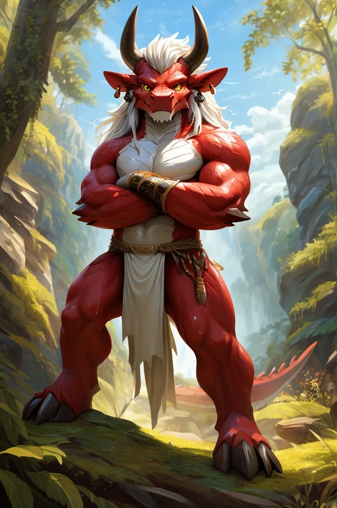 ultra-detailed, masterpiece, masterwork, high quality, best quality, hdr, (nature), nsfw, male, solo, chibi, dragon, ((nude, white loincloth)), (little red body minotaur), (white body), (long golden hair, yellow eyes, cool eyes), standing, cross your arms, dynamic angle, earrings, sweat