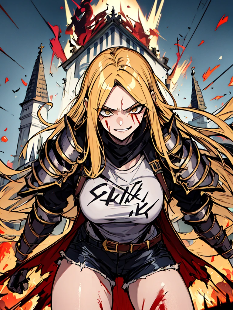 (absurdres, 8k, 4k, masterpiece, hyper extreme detailed:1.2), solo, 1girl, front view, portrait, best quality, expressive eyes, perfect face, perfect anatomy, cowboy shot, 1girl, portrait, solo, standing, Female, toned body, mature female, small breasts, pale, hair covering one eye, long hair, adult, gold eyes, psychotic, laughing, blood, bloody, falling, clouds, crazy eyes, messy hair, swept bangs, perfect anatomy, front view, apocalypse background, t-shirt, shorts, scars, scuffs, injuries, reckless, dangerous, blonde hair, insane, crazy, chaotic, destruction, death, burning church background, emotionless, evil, restless, cold, malicious, menacing, anti hero, dark magic, demonic, bleeding, restless, cloak, armor, torn clothing, tattered clothes, pale skin, blackened armor, sword, smirk, full body, gauntlets, grieves, sinister, survivor,