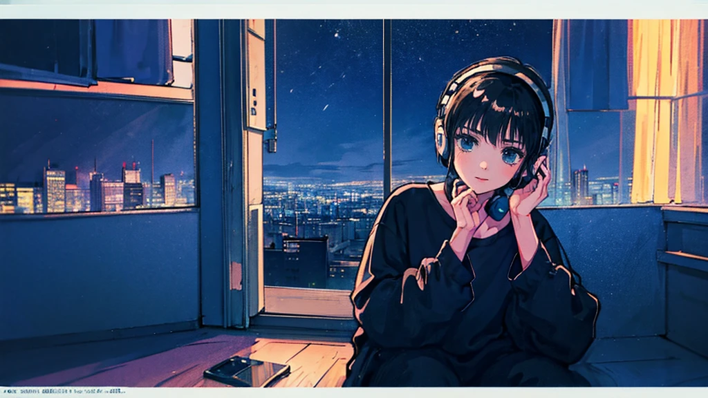 Black short Hair, Black Clothing, One Adult Woman Looking Sideways ,Blue headphones、 City of night, Delicate background、Masterpiece、night、dark、Nostalgic、レトロ