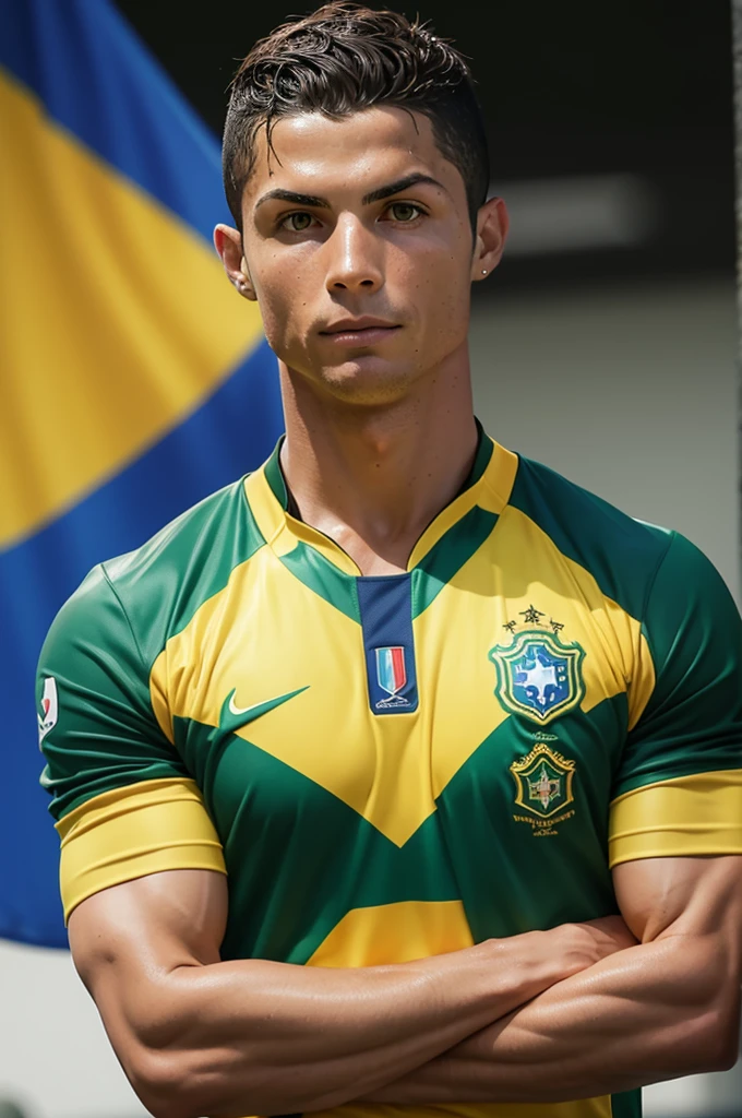 Create an image of Cristiano Ronaldo watching Brazil