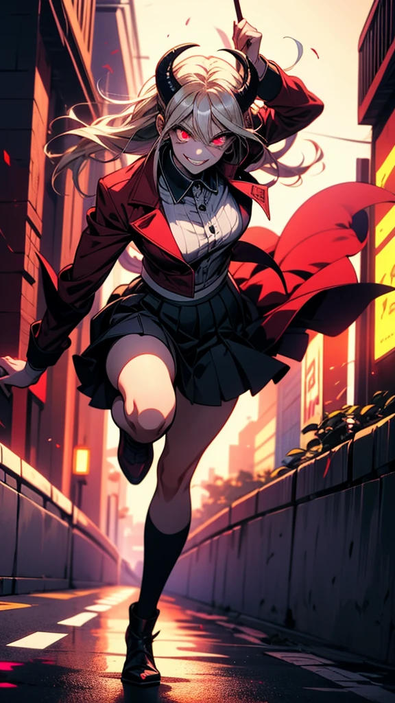 Anime girl with horns and glowing eyes running down the street, With glowing eyes, Wicked smile and glowing eyes, Devil Anime Girl, 赤くWith glowing eyes, Danganronpa digital art, Devil Girl, [[[[smile wickedly]]]], Red eyes glow, everyone, Spectacular anime style, Shining eyes everywhere, Devil Boy