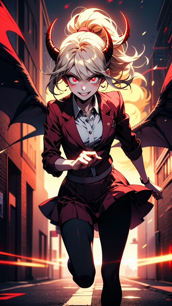 Anime girl with horns and glowing eyes running down the street, With glowing eyes, Wicked smile and glowing eyes, Devil Anime Girl, 赤くWith glowing eyes, Danganronpa digital art, Devil Girl, [[[[smile wickedly]]]], Red eyes glow, everyone, Spectacular anime style, Shining eyes everywhere, Devil Boy