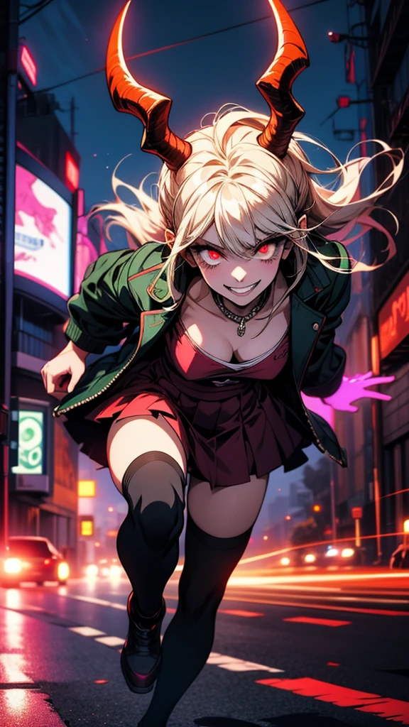 Anime girl with horns and glowing eyes running down the street, With glowing eyes, Wicked smile and glowing eyes, Devil Anime Girl, 赤くWith glowing eyes, Danganronpa digital art, Devil Girl, [[[[smile wickedly]]]], Red eyes glow, everyone, Spectacular anime style, Shining eyes everywhere, Devil Boy