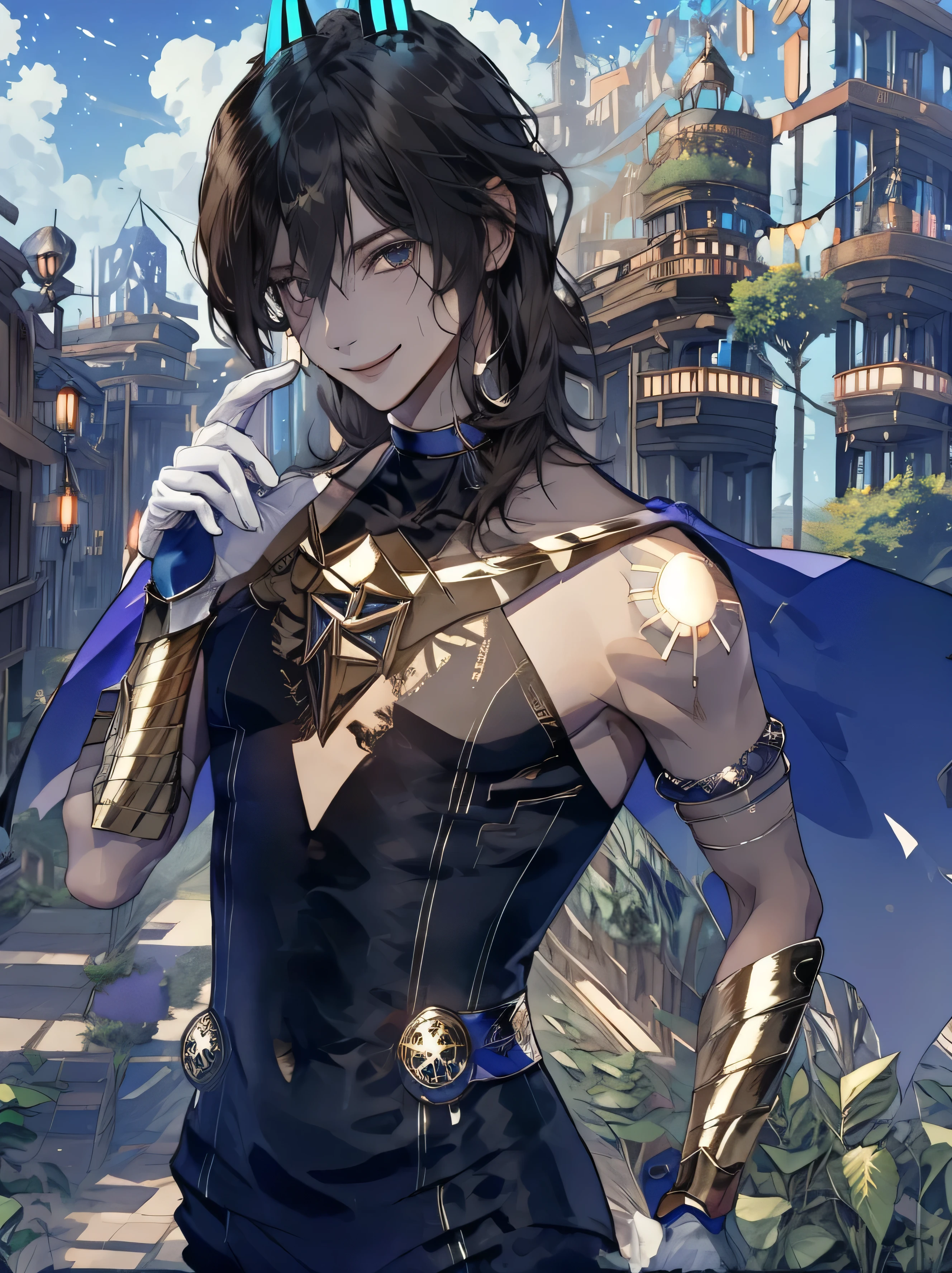 ((absurdres)), hd, uhd, (((HDR))), ((best quality)), (ultra high quality), (hi-res), ((1boy)), solo, alone, (arjuna alter (fate)), arjuna alter - third ascen (fate):1.3), ((short black hair)), ((black shirt, sleeveless, blue capelet, neck ring, jewelry, armlet, golden gauntlets, white gloves, tattoo, short blue horns)), perfect body, perfect anatomy, long legs, pants, (((thigh gap))), (smile), lips slightly parted, cute, facing viewer, hips twisted, ((dynamic)), one leg behind, medieval city, outside, buildings, cobblestone sidewalk, daytime, additional lighting, sunlight on face, noon, bright, bright sun, city scenery, ((upper body))