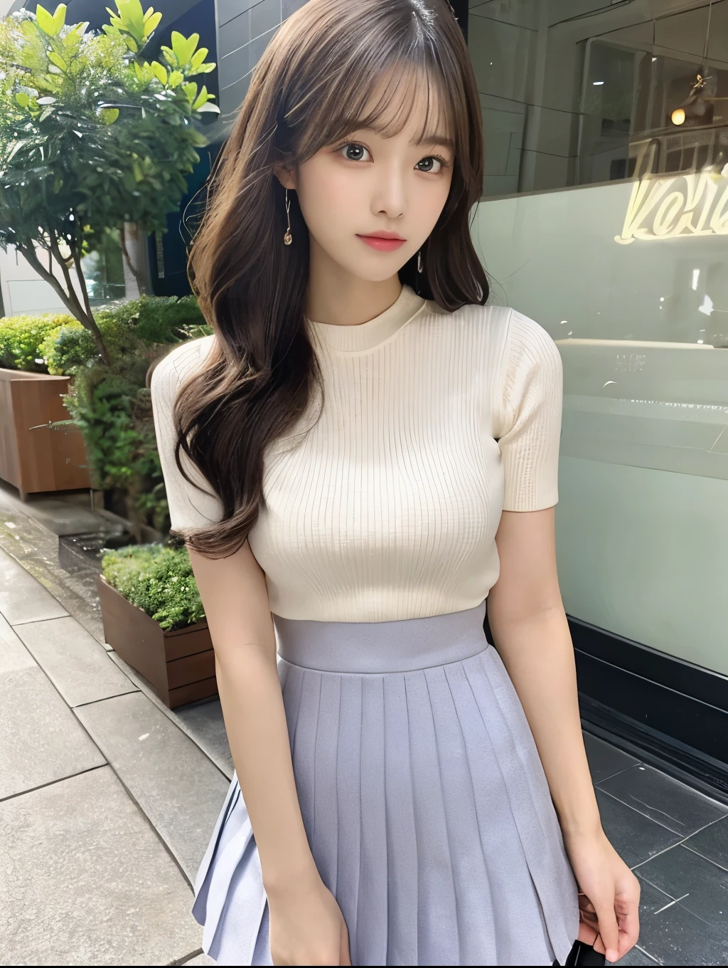 (Photorealistic、Masterpiece、Highest quality)、98k、wallpaper、One woman、(Full Body Shot:1.2)、Perfect Anatomy、(Detailed and perfect eye、Evenly balanced beautiful eyes)、Big eyes、Cute face、Fair skin、Wavy long hair、Random Hairstyles、18-year-old、Perfect body、Thin waist、Pleated mini skirt、Knitwear without sleeves、Large Breasts、(Knee-deep shots:1.2)