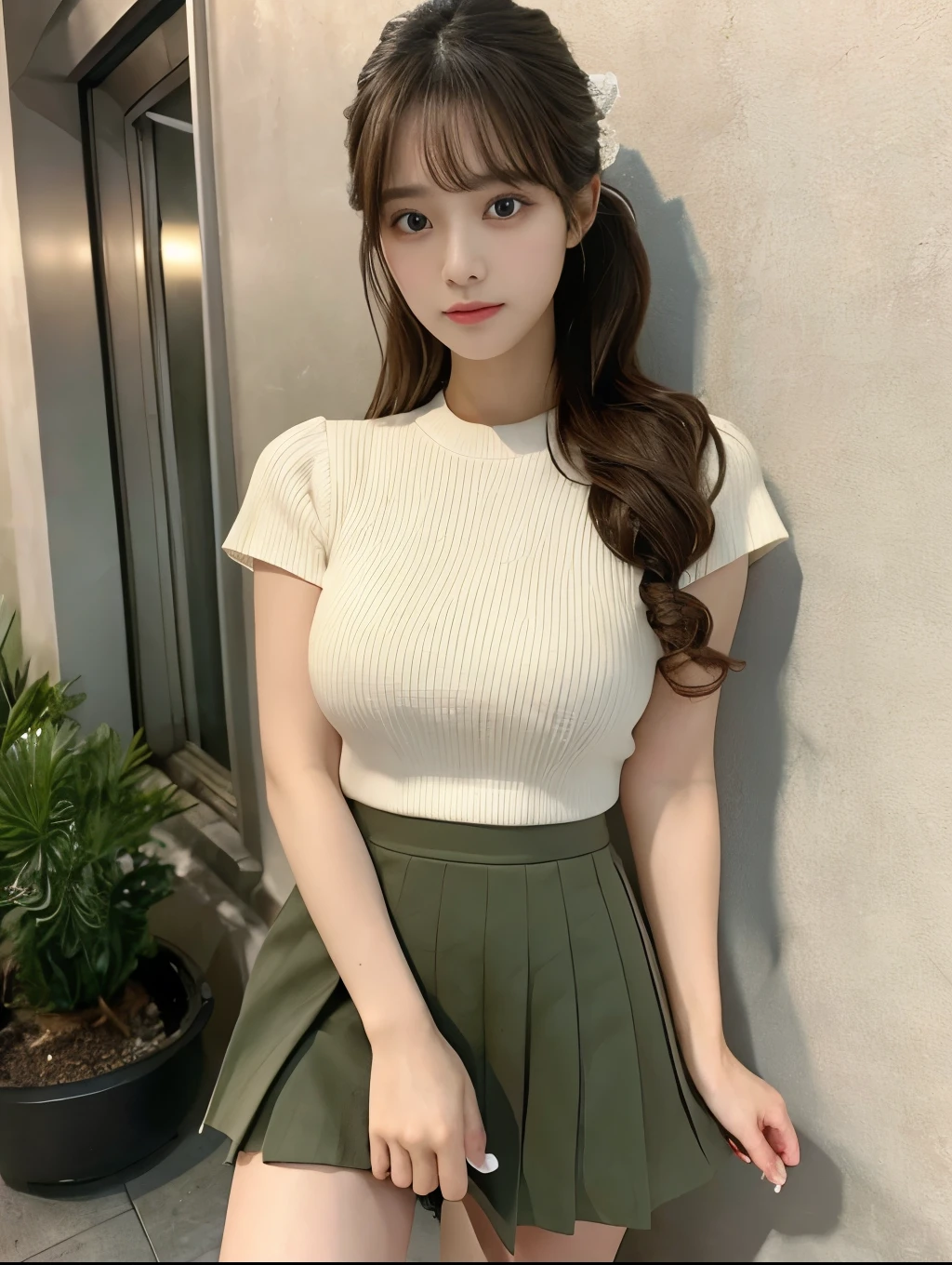 (Photorealistic、Masterpiece、Highest quality)、98k、wallpaper、One woman、(Full Body Shot:1.2)、Perfect Anatomy、(Detailed and perfect eye、Evenly balanced beautiful eyes)、Big eyes、Cute face、Fair skin、Wavy long hair、Random Hairstyles、18-year-old、Perfect body、Thin waist、Pleated mini skirt、Knitwear without sleeves、Large Breasts、(Knee-deep shots:1.2)
