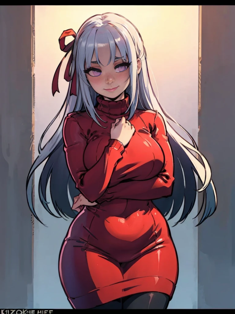((art by Kipteitei)), ((Masterpiece, best quality, perfect lighting, amazing shading)), (perfect anatomy, realistic proportions), field of depth, extremely beautiful, detailed face, ultra cute face, cute, (edelgard), long silver hair, hair ribbons, purple eyes, turtleneck sweater, tights, cute smile, (curvy), blushing, (cowboy shot), (elegant pose), detailed background