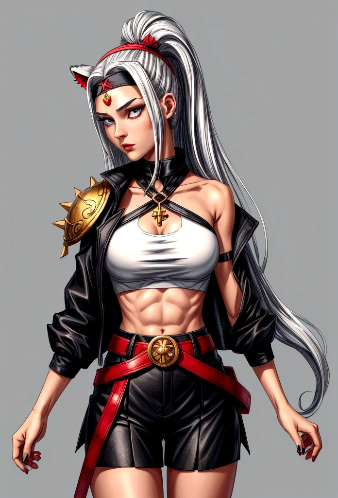 She is a tall  woman with a toned body, her hair is long and spiky white and has red tips , her eyes are red with a golden cross that reaches to the edge of her iris, she is wearing a black short jacket, a black top shirt with a tiger skin skirt covering grey short pants and a red belt on her, She wears a headband in the shape of a white metal ring-shaped bow that appears to simulate a crown floating around her forehead, she has a gray Bo which she carries on her shoulder, Ultra Resolution, Ultra detail, ((top-quality)), ((​masterpiece)), (detailed), no animal ears
