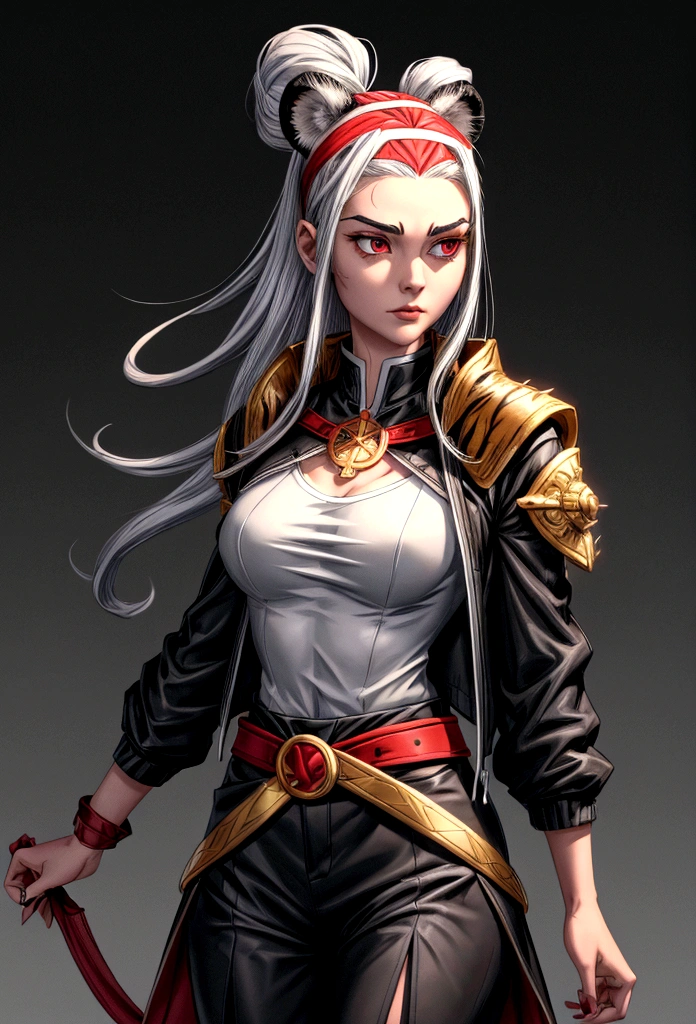 She is a tall teen woman with a toned body, her hair is long and spiky white and has red tips , her eyes are red with a golden cross that reaches to the edge of her iris, she is wearing a black short jacket, a black top shirt with a tiger skin skirt covering grey short pants and a red belt on her, She wears a headband in the shape of a white metal ring-shaped bow that appears to simulate a crown floating around her forehead, she has a gray Bo which she carries on her shoulder, Ultra Resolution, Ultra detail, ((top-quality)), ((​masterpiece)), (detailed), no animal ears
