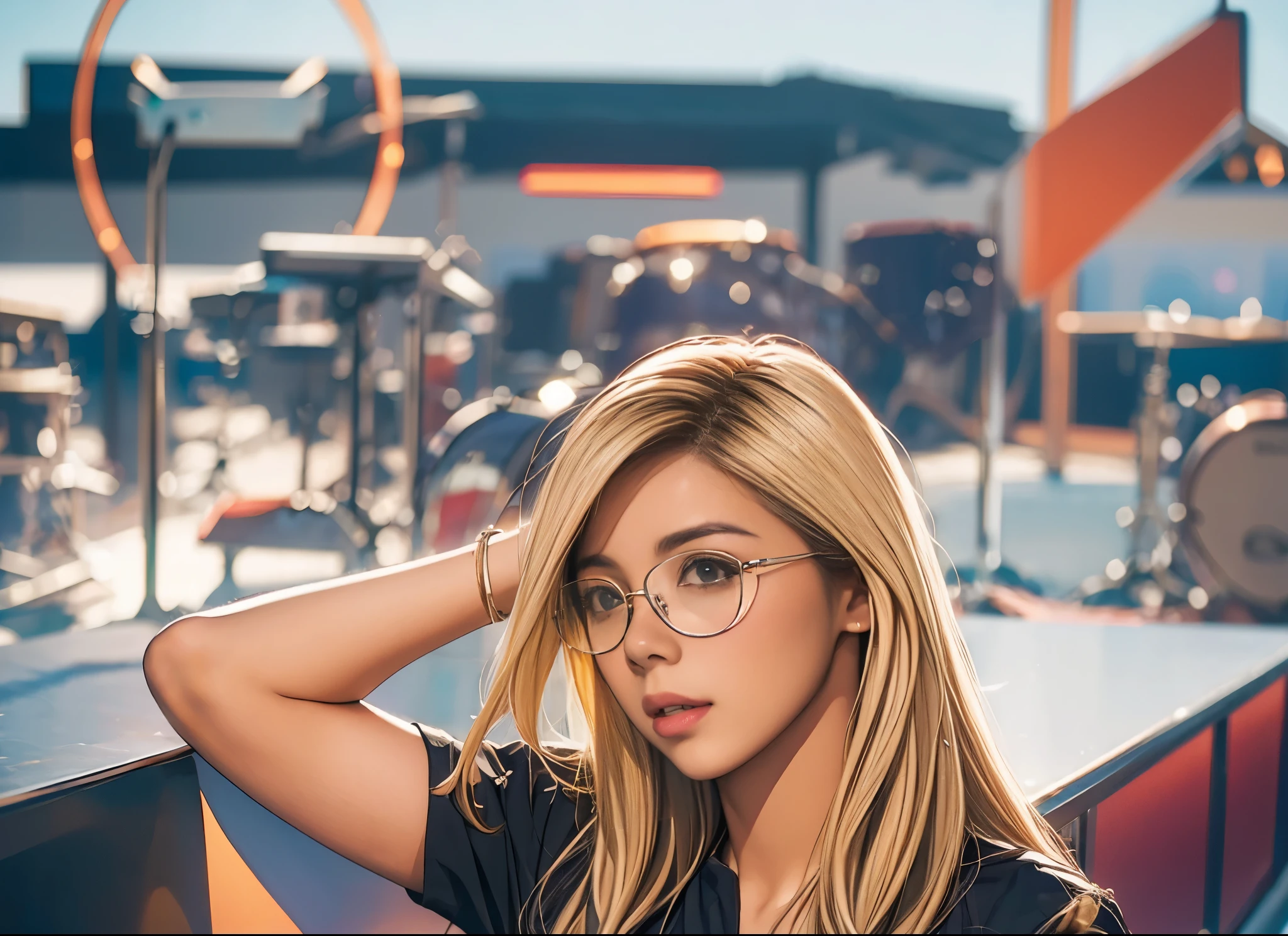 elaizaikedareal,1girl, solo, long hair, blonde hair, upper body, glasses, blurry, lips, blurry background, sunglasses, realistic, tinted eyewear