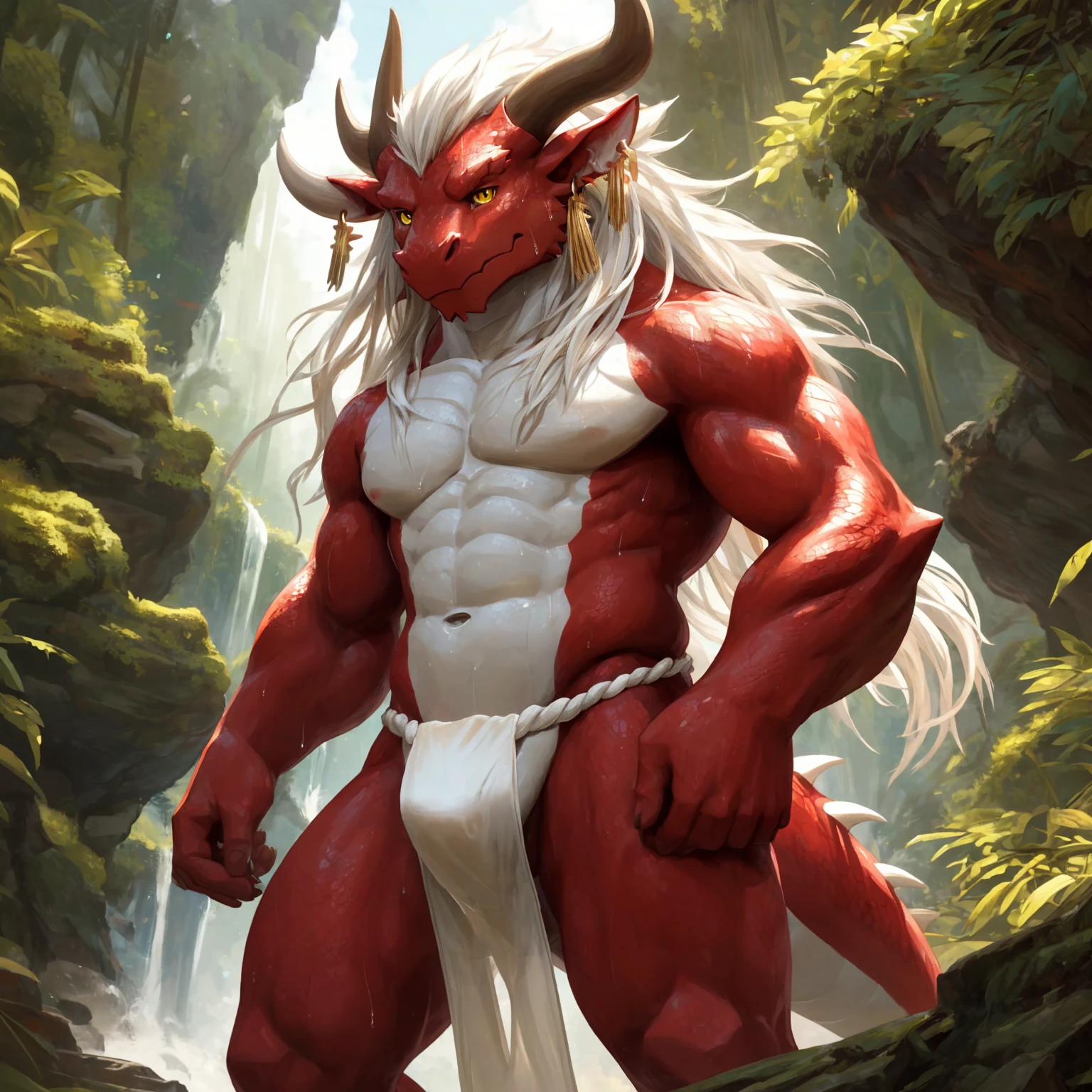 ultra-detailed, masterpiece, masterwork, high quality, best quality, hdr, (nature), nsfw, male, solo, chibi, dragon, ((nude, fundoshi)), (little red body minotaur), (white body), (long golden hair, yellow eyes, cool eyes), standing, cross your arms, dynamic angle, earrings, sweat