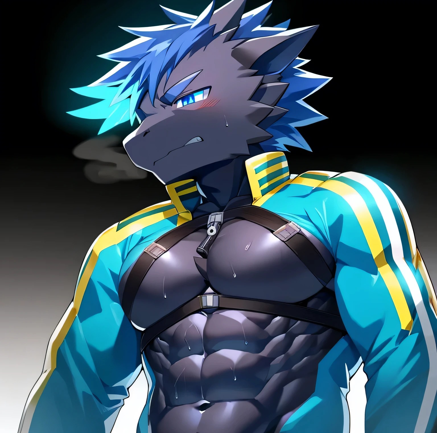 Thin macho　western black dragon　　abs　　　　　Hollow abs　　body suit　　thick arms　　　chest rig　　　、sweaty　　　skin glow　　profile　　Wearily　short of breath　　  　Chemo shota　　Chunky breasts　
have a 　blue eyes　Tired look　Glowing abs　Deep abdominals jacket　profile　One person　Jacket　Belly punch