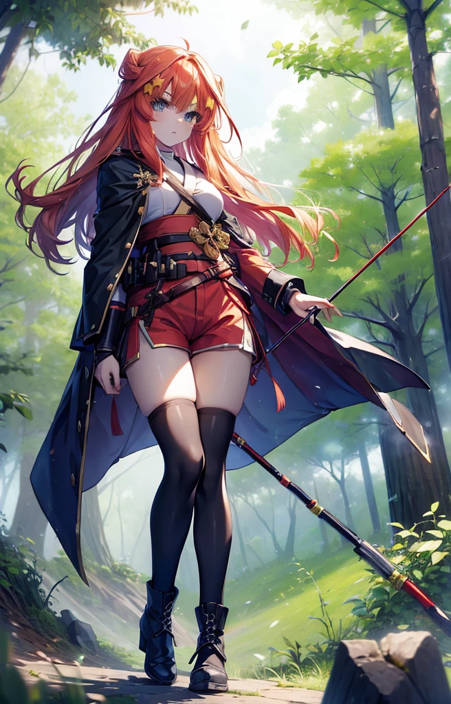 itsukinakano, itsuki nakano, bangs, blue eyes, Hair between the eyes, Redhead, star \(symbol\), hair ornaments, star hair ornaments,Long Hair,Owns an archery grip in the right hand,Carrying an archery bag,He has a quiver on one side, boots, Cape,gloves, red Knee socks, High heels, Shorts, Knee socks,whole bodyがイラストの中に入っていくように,歩いている
break outdoors, forest,forest林, break looking at viewer,whole body, 
break (masterpiece:1.2), Highest quality, High resolution, unity 8k wallpaper, (shape:0.8), (Fine and beautiful eyes:1.6), Highly detailed face, Perfect lighting, Highly detailed CG, (Perfect hands, Perfect Anatomy),