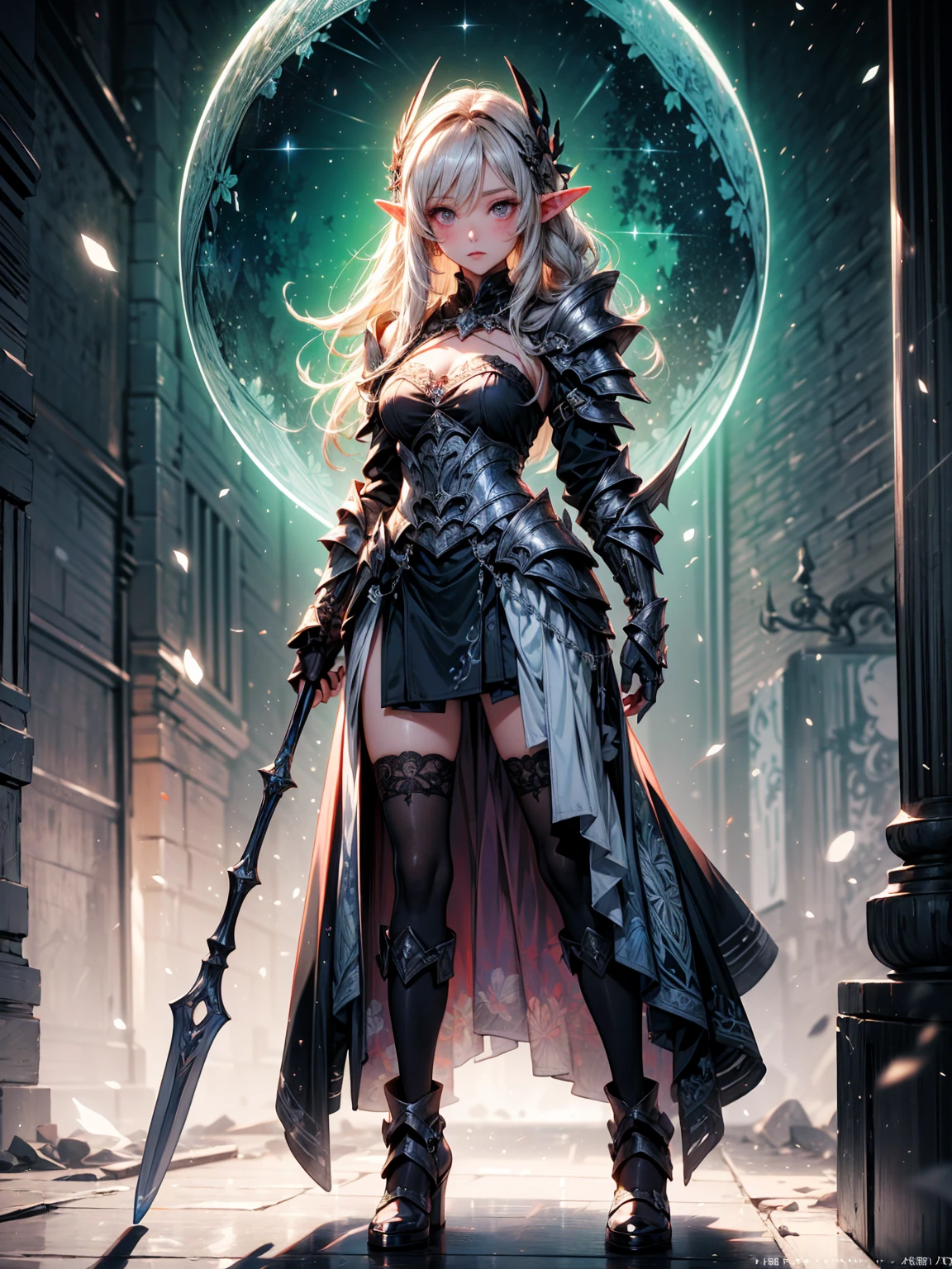 (((masterpiece, best quality, high detailed, 8k))) Design a layout showcase Gaming character, (1girl). Purple|Black clothes, stylish and unique. ((showcase weapon:1.4)), holy majestic spear. (masterpiece:1.2), (best quality), ultra-detailed. (Step by step design, layout art:1.5), (luminous lighting, atmospheric lighting). arcane elf, ((glove full hands)), (((revealing clothes:1.3))), vambraces, armored legwear, (((full_body_shot:1.4))). {In a mystical library}. (zentangle, mandala, tangle, entangle), (fractal art:1.3), maxiskirt, dress conservatively, (elf:1.2), solo, full body, wide shot, standing with white boots, holding spear down, blunt bangs, hair between eyes, white hair, golden eyes, long hair, elf ears, Valkyrie white armor, angel, chest protector, side bang, from front, extra size body, night, mountain, looking at viewer, dynamic pose, art style by Artgerm, by Kawacy, by Wadim Kashin, BREAK, eyelashes, eyeshadow, pink eyeshadow.