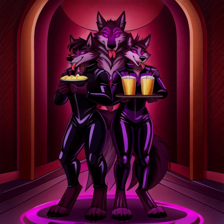 (masterpiece, best quality:1.2), Vortex hellhounds, a couple of male and female, wolves, furry, helluva boss, hypnotized with glowing purple eyes, tongue out, wearing latex suit, carrying trays of lemonade, full body image, entering in a luxury room background