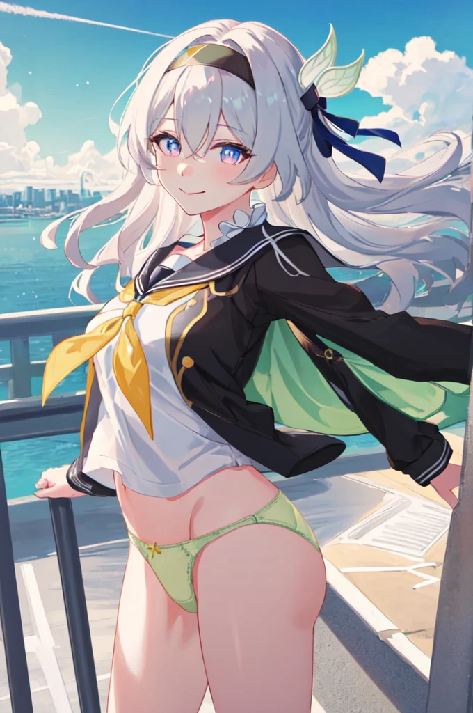 best quality, masterpiece, highres, ï¼firefly \(honkai: star rail\), 1girl, solo, long hair, smile, blue eyes, closed mouth, looking at viewer, outdoors, bangs, long sleeves, hair ornament, hairband, hair between eyes, cloudy sky, blue sky, star \(sky\), night sky, white hair, cowboy_shot, (white shirt), railing,serafuku,school_uniform,yellow_neckerchief,sailor_collar,(((no_pants,panties,green_panties))),bowleg