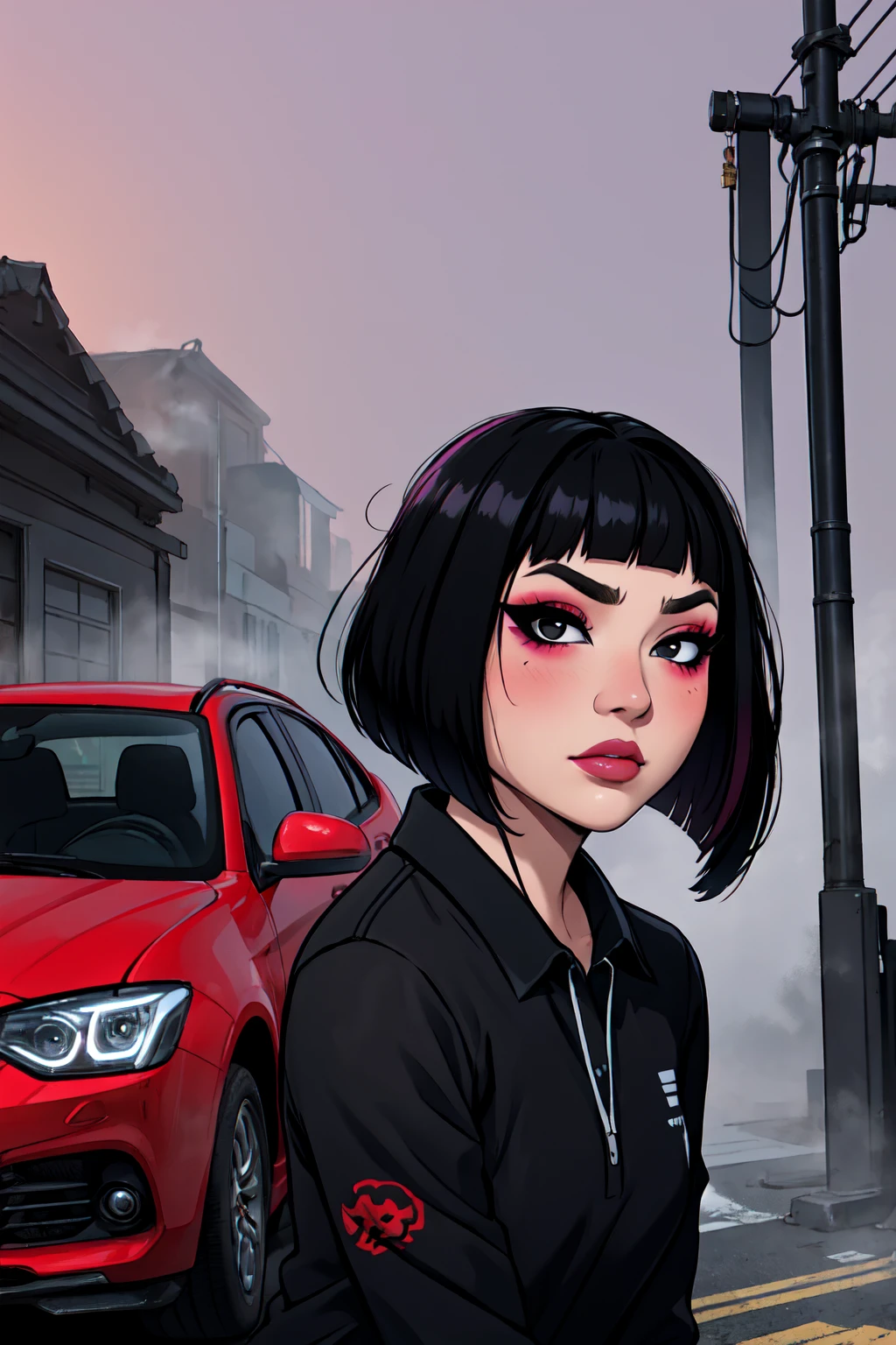 1girl, FengMin, solo, skinny, black eyes, asian eyes, eyeliner, looking at viewer, lips, black bob cut, blunt bangs, blush, standing, upper body, face focus, outdoors, horror \(theme\), night, fog egirlmakeup, sitting on the red car, garage background