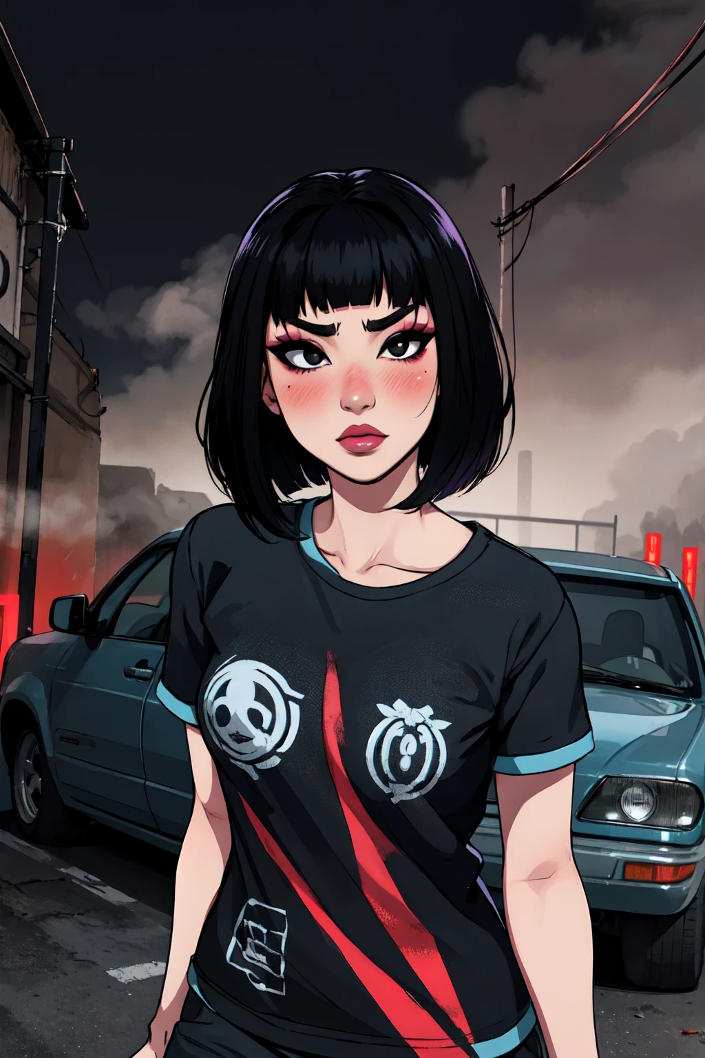 1girl, FengMin, solo, skinny, black eyes, asian eyes, eyeliner, looking at viewer, lips, black bob cut, blunt bangs, blush, standing, upper body, face focus, outdoors, horror \(theme\), night, fog egirlmakeup, sitting on the red car, garage background