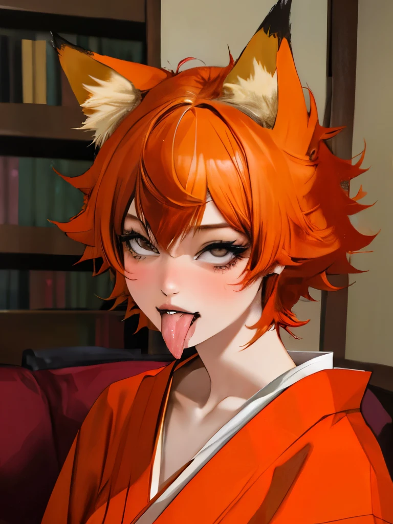 masterpiece, best quality,realistic,absurdres,1girl,looking at viewer, tongue, ahg, ahegao, living room, skinny, orange hair, fox ears, short hair, messy hair, red kimono