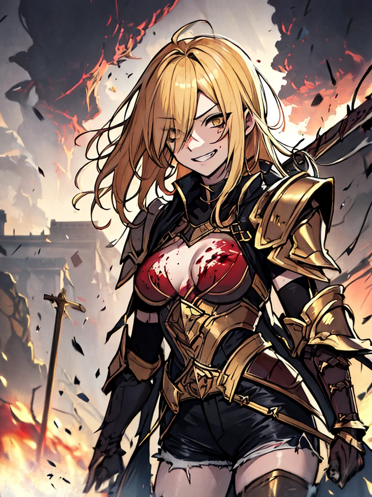 (absurdres, 8k, 4k, masterpiece, hyper extreme detailed:1.2), solo, 1girl, front view, portrait, best quality, expressive eyes, perfect face, perfect anatomy, cowboy shot, 1girl, portrait, solo, standing, Female, toned body, mature female, small breasts, pale, hair covering one eye, long hair, adult, gold eyes, psychotic, laughing, blood, bloody, falling, clouds, crazy eyes, messy hair, swept bangs, perfect anatomy, front view, apocalypse background, t-shirt, shorts, scars, scuffs, injuries, reckless, dangerous, blonde hair, insane, crazy, chaotic, destruction, death, burning church background, emotionless, evil, restless, cold, malicious, menacing, anti hero, dark magic, demonic, bleeding, restless, cloak, armor, torn clothing, tattered clothes, pale skin, blackened armor, sword, smirk, full body, gauntlets, grieves, sinister, survivor,