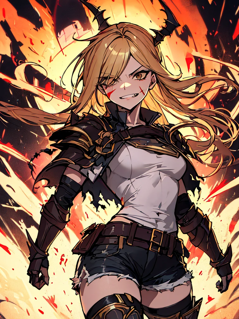 (absurdres, 8k, 4k, masterpiece, hyper extreme detailed:1.2), solo, 1girl, front view, portrait, best quality, expressive eyes, perfect face, perfect anatomy, cowboy shot, 1girl, portrait, solo, standing, Female, toned body, mature female, small breasts, pale, hair covering one eye, long hair, adult, gold eyes, psychotic, laughing, blood, bloody, falling, clouds, crazy eyes, messy hair, swept bangs, perfect anatomy, front view, apocalypse background, t-shirt, shorts, scars, scuffs, injuries, reckless, dangerous, blonde hair, insane, crazy, chaotic, destruction, death, burning church background, emotionless, evil, restless, cold, malicious, menacing, anti hero, dark magic, demonic, bleeding, restless, cloak, armor, torn clothing, tattered clothes, pale skin, blackened armor, sword, smirk, full body, gauntlets, grieves, sinister, survivor,
