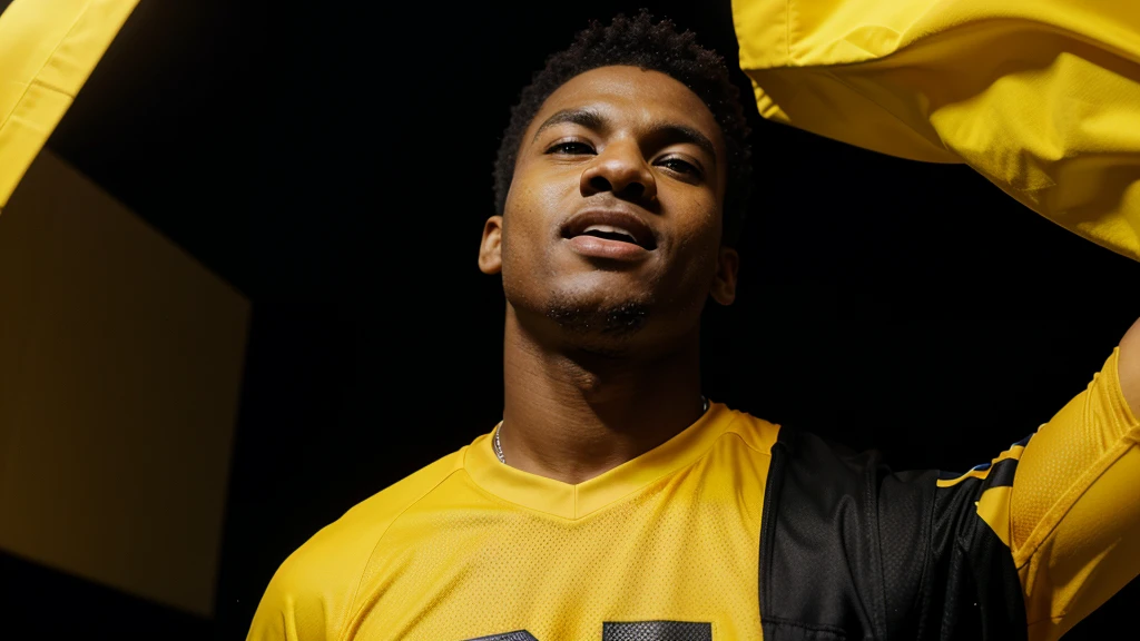 football player in yellow t-shirt looking upwards diagonally with expression of confidence on black background creating an epic moment of victory
