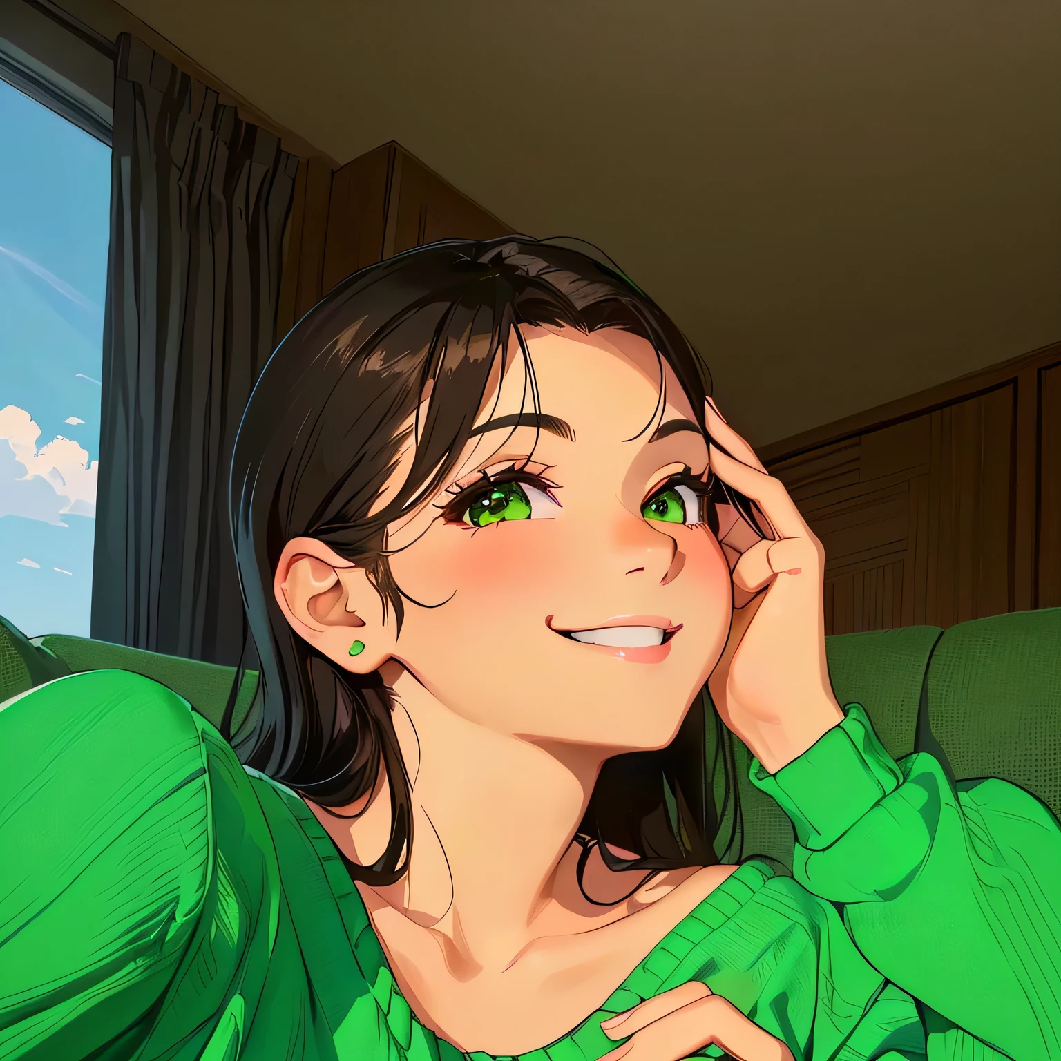 smiling woman in green sweater sitting on couch with hand on head, profile picture, profile pictureture, 😭 🤮 💕 🎀, 🤬 🤮 💕 🎀, profile picture, arte the fan, leaked image, she looks like laura barrios, beautiful and smiling, avatar image, With a bright smile, #green, taken in 2 0 2 0, bella poarch, Julia Fuentes