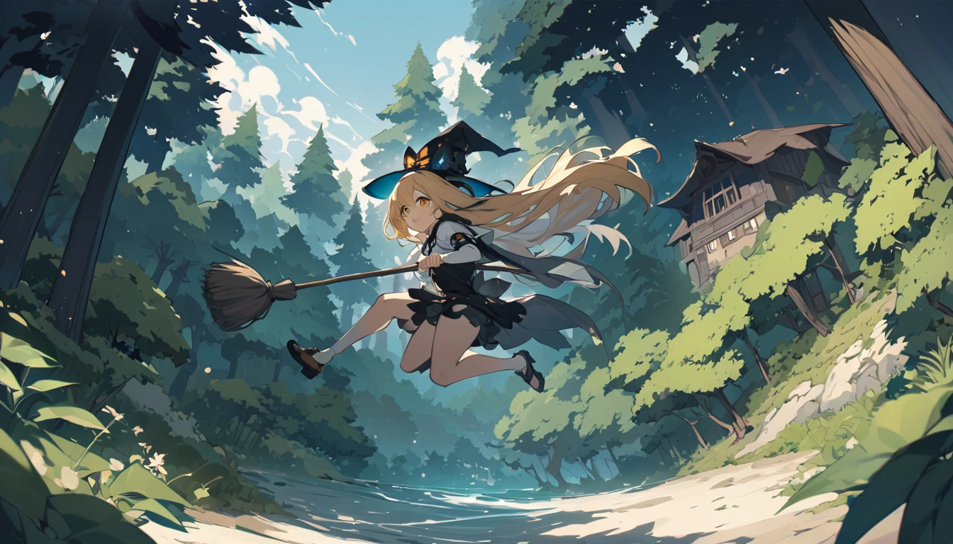 Woman flying through the air astride a broom,witch,blonde,Below you can see the house, forest, and the sea.