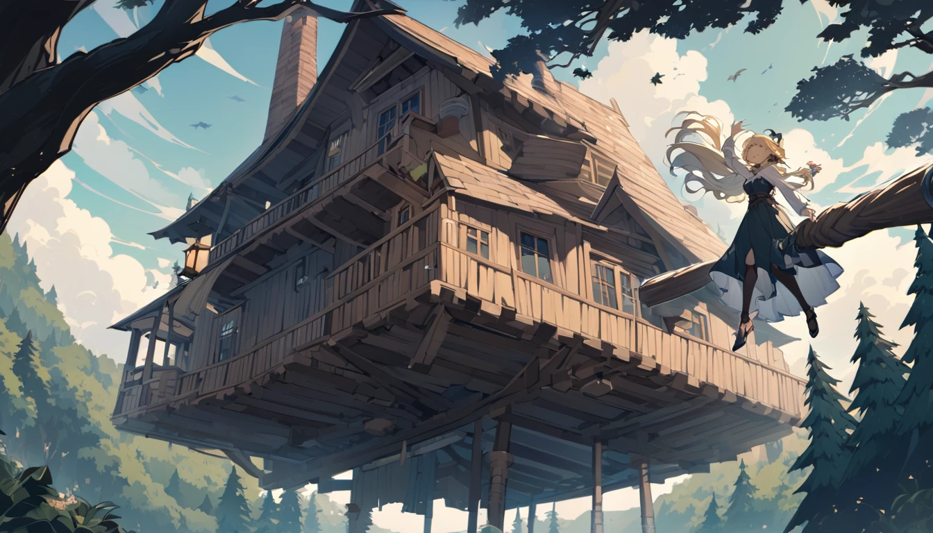Woman flying through the air astride a broom,witch,blonde,Below you can see the house, forest, and the sea.