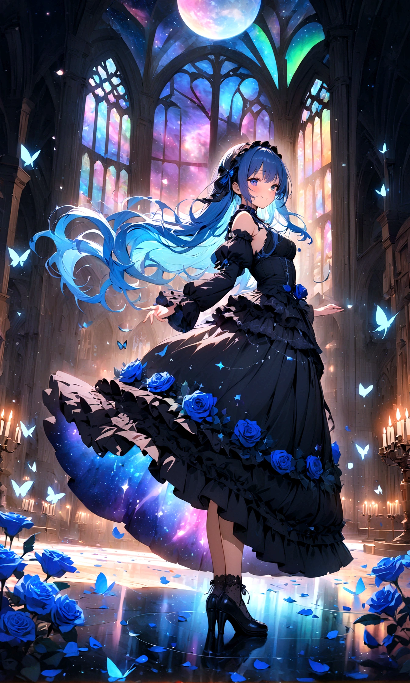 ((masterpiece:1.4)), (best quality), (ultra-detailed), anime style, 1girl, blue hair, long hair, (gothic lolita), musical note, shooting star, space, galaxy, aurora, seven-colored light, (blue rose:1.2), butterfly, constellation, girl riding on a crescent moon, nebula, blue rose petals, stained glass, entire field of stained glass flowers, night, blushing, blush, smile, reflection, planetarium, flowing hair, church, candelabra, dancing patterns.