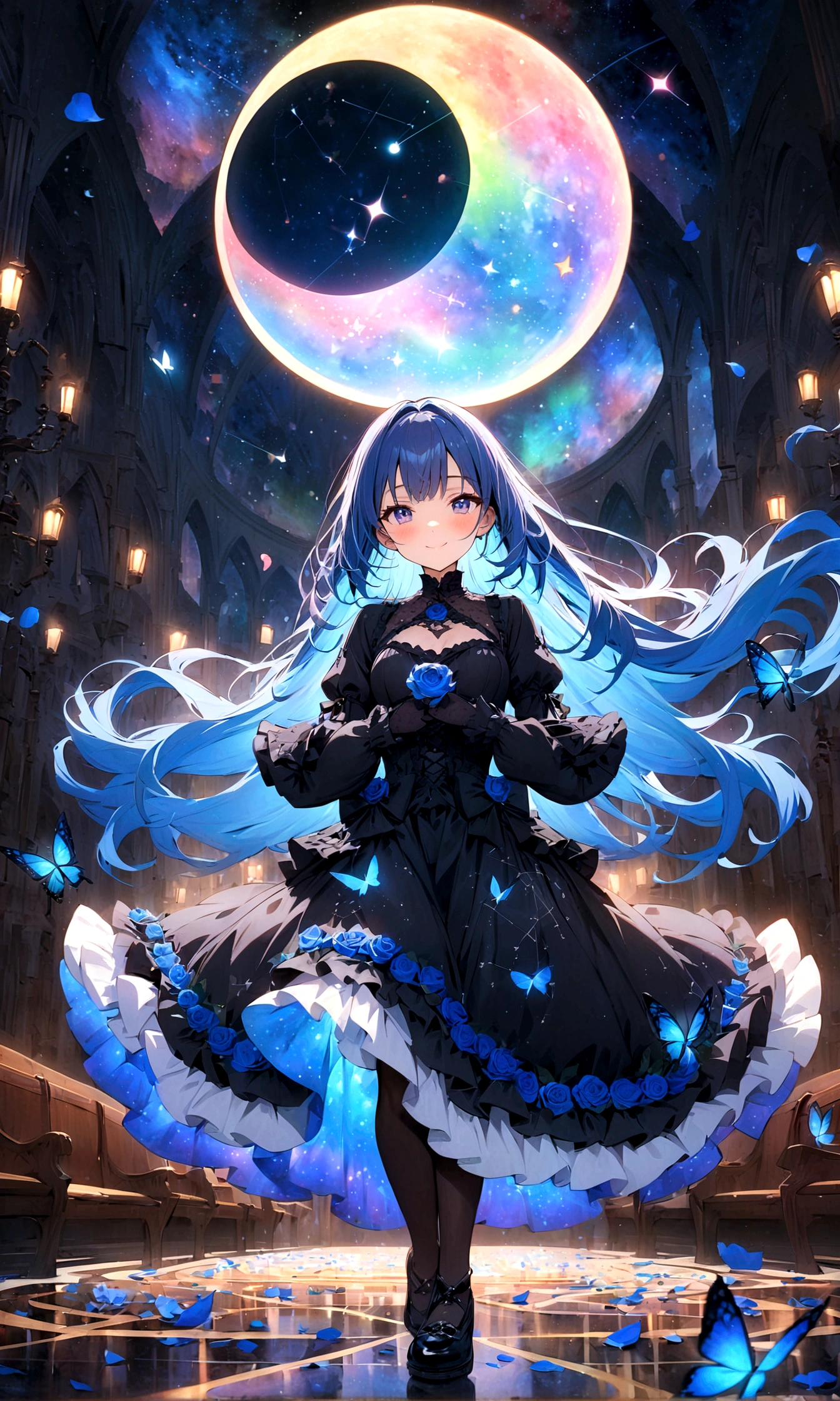 ((masterpiece:1.4)), (best quality), (ultra-detailed), anime style, 1girl, blue hair, long hair, (gothic lolita), musical note, shooting star, space, galaxy, aurora, seven-colored light, (blue rose:1.2), butterfly, constellation, girl riding on a crescent moon, nebula, blue rose petals, stained glass, entire field of stained glass flowers, night, blushing, blush, smile, reflection, planetarium, flowing hair, church, candelabra, dancing patterns.