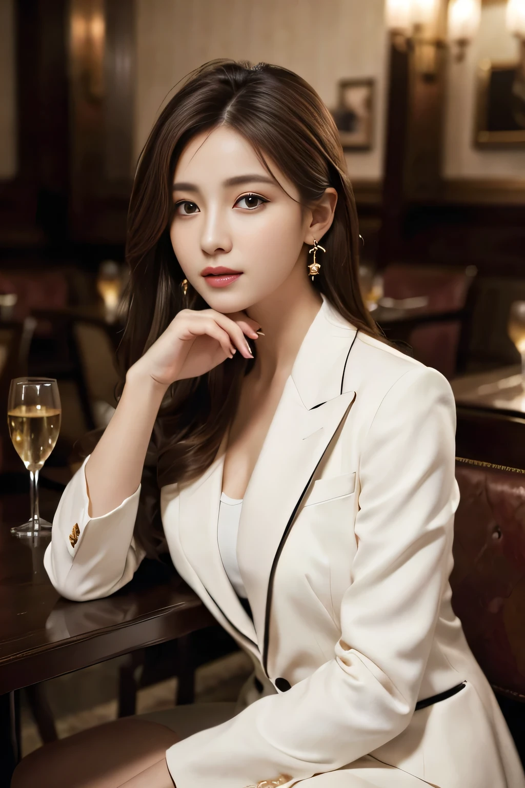 masterpiece, Highest quality, Realistic, Very detailed, Finer details, High resolution, 8k wallpaper, One beautiful woman, Wear a nice suit, In a great restaurant, At night, Light brown messy hair, Perfect dynamic composition, Beautiful and beautiful eyes、Big earrings、Sit on a chair、